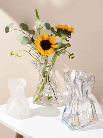 1pc Pleated Glass Vase, 3D European Style Frosted Flower Vase, Suitable For Living Room, Entryway, Office Desk, Bathroom Vanity