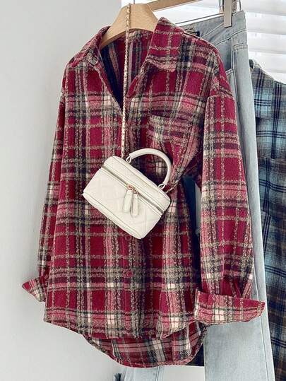 女式拉绒格子纽扣前口袋休闲衬衫