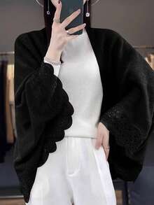 1pc Women 100% Merino Wool Poncho, Turtleneck Loose Knit Wrap Scarf, Asymmetrical Oversized Cape Shawl For Dress