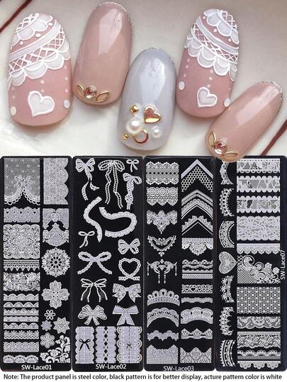 1片/4片装蕾丝花朵美甲印花板 3D蕾丝蝴蝶结爱心图案设计印花模板 美甲配件工具 女士及女孩适用 美甲用品 DIY美甲沙龙