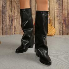 Western Style Buckle Holiday Pointed Toe Knee-High Riding Boots, Pointed Toe Chunky Heel Riding Boots, Pointed Toe Fleece Riding Boots, Pointed Toe Mid-Calf Riding Boots, Pointed Toe High Heel Riding Boots, Pointed Toe Side Zipper Retro Riding Boots, British Style Pointed Toe Riding Boots - Black - View 12
