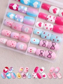 NAIO 96片/套 Y2K 酷炫风儿童美甲贴纸，亚克力材质，预涂凝胶，全覆盖，闪亮可爱渐变，包含爱心、樱桃、蝴蝶结、天使翅膀等元素，情人节主题美甲贴纸套装，适合小女孩 - 可爱主题美甲用品 - 彩色 - 查看 3