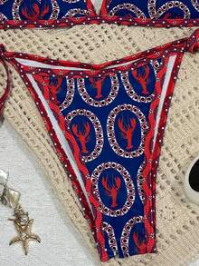 [سلسلة الفاخرة] طقم بكيني بطباعة فنية بتباين اللون الأحمر والأزرق، ملابس سباحة فاخرة بطراز منتجع راقي