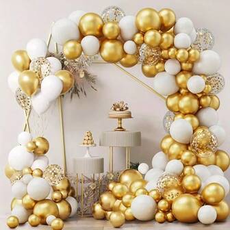 106pcs White And Golden Balloon Garland Arch Kit For Wedding, Birthday, Anniversary, Graduation, Valentine'S Day, Holiday, Mother'S Day Decorations - Indoor And Outdoor Photo Prop Decoration With Latex Balloons