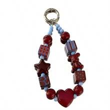 1pc Autumn/Winter Korean Style Ins Square Red & Blue Contrast Geometric Star Phone Lanyard, Cute Bear Pendant Charm Compatible With Android And Most Smartphone,Gifts For Mother, Family, Friends, Birthday, Holiday Phone Chain - Wine Red Bear - View 6