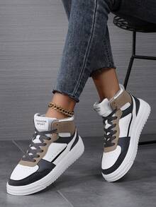 New Fashion Casual Women Sports Shoes, Lace-Up Lightweight Thick Sole Casual Flat Shoes, Versatile High-Top Sneakers - Khaki - View 1