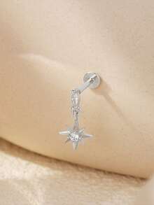 1pc 925 Sterling Silver Zirconia Stone Tassel Chain Threaded Stud Earrings, Flat Base Earrings Suitable For Ear Cartilage Piercing, Low Allergy, Women Flat Stud Earrings, Ear Cartilage Piercing Jewelry - Silver - View 10