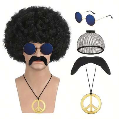 European & American Men's Rock Hairstyle Wigs, Suitable For Halloween, Disco, Hippie, 80s, Punk, Curly Synthetic Hair Punk Costume Set