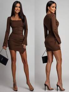 Solid Color Elegant Ruffle Slit Draped Evening Party Dress - Chocolate Brown - View 5