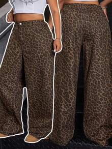 Plus Size Women's Leopard Print High Waist Straight Leg Boyfriend Jeans, Casual Everyday Wear, Summer Spring - Leopard Print - View 8