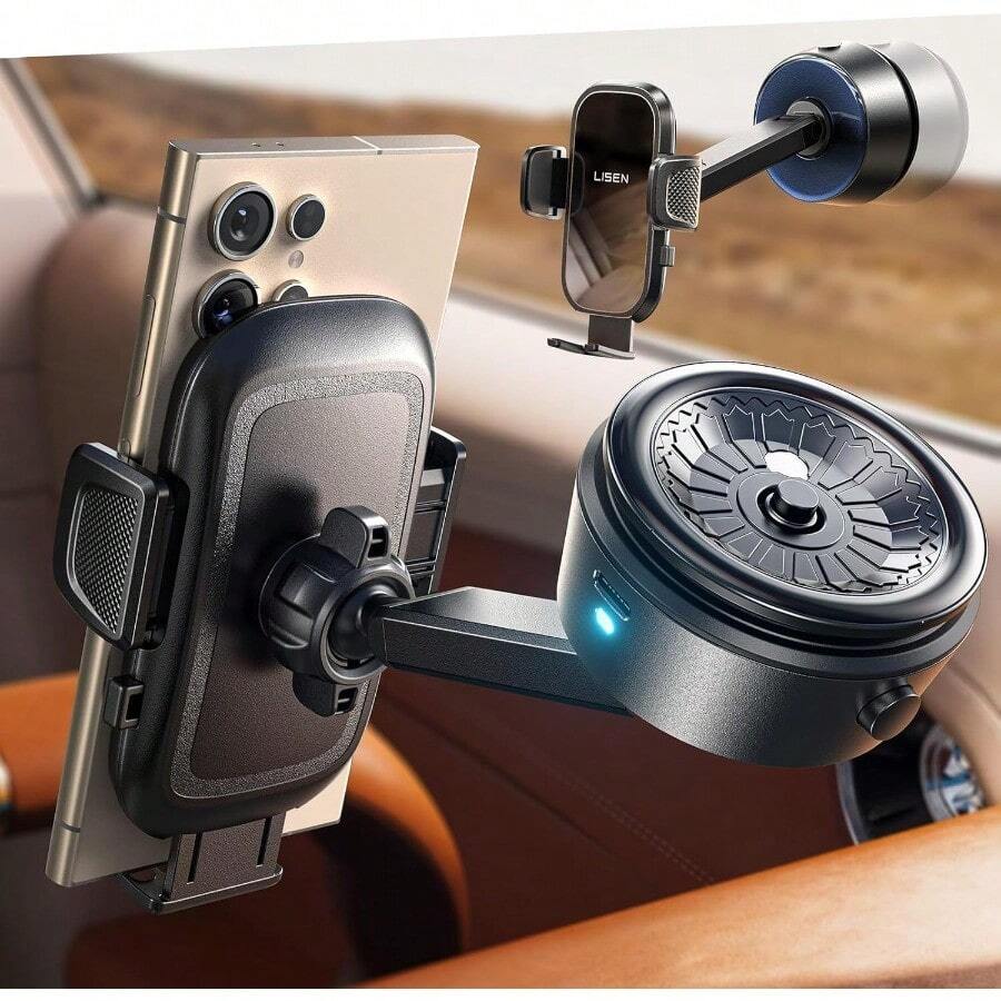 LISEN A680 Vacuum Car Phone Holder 360° Adjustable Electric Suction Phone Holder Mobile Phone Car Holder Vacuum Suction Cup Foldable For IPhone 17 Air 16 15 Pro Max Galaxy S25 Ultra Black - Black - View 1
