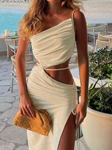 Onicee 女士夏季连衣裙，黄色，时尚性感褶皱斜肩镂空腰身连衣裙，适合情人节、约会、聚会、派对、旅行、度假、海滩等场合。 - 淡黃色 - 查看 1