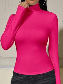 Camiseta de manga larga de cuello alto de unicolor y ajuste ceñido para mujer, adecuada para primavera/otoño/invierno de uso casual - Rosa Fucsia - Ver 5