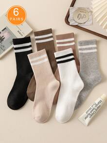 6 Pairs Stripe Design Mid-Calf Socks,Business Casual,With Elastic Band, Soft And Comfortable, Suitable For Daily Wear
