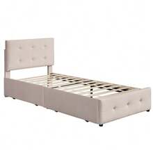 Upholstered Bed 90 X 200 Cm, Slatted Bed With Headboard And Two Drawers, Soft Velvet Fabric, Beige Single Bed, Children's Bed, Junior Bed, Guest Bed (Without Mattress) - Dark Beige - View 11