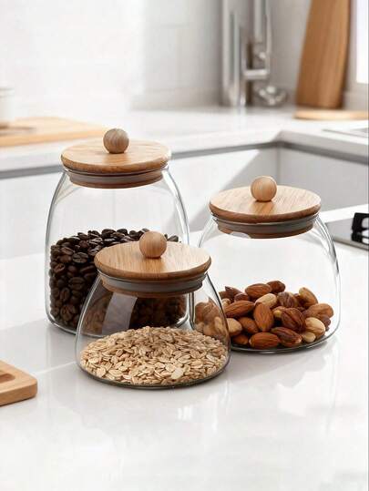 1pc High Borosilicate Glass Airtight Canister With Wooden Lid, Kitchen Moisture-Proof Storage Jar, Stackable Tea/Coffee Bean Container, Transparent Dry Goods Preservation Jar, Large Capacity Snack Storage Canister