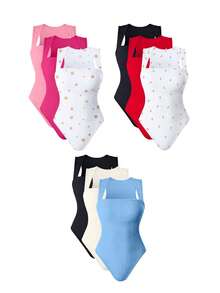 OQQ 3 Piece Bodysuits For Women Sexy Ribbed Strappy Square Neck Stretch Tank Tops Bodysuits - 糖果粉紅火龍果色太陽花白黑紅玫瑰白黑米糖果藍 - 查看 1