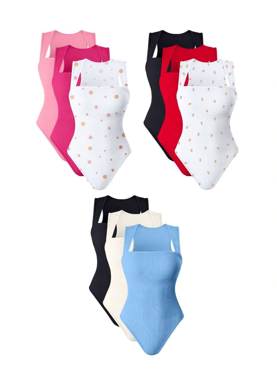 OQQ 3 Piece Bodysuits For Women Sexy Ribbed Strappy Square Neck Stretch Tank Tops Bodysuits - 糖果粉紅火龍果色太陽花白黑紅玫瑰白黑米糖果藍 - 查看 1