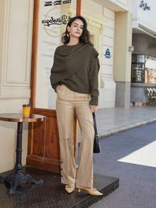 Women's Solid Color Batwing Sleeve Patchwork Poncho Sweater, Elegant And Fashionable Design, Spring - Brown Green - View 5