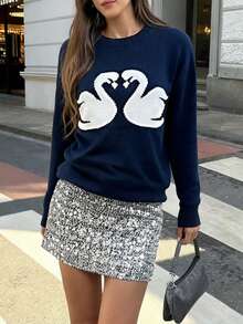 FOR BEAUTY 女士纯色圆领天鹅图案针织长袖上衣，时尚、简约、可爱、休闲、宽松舒适，适合日常外出和通勤，是女士秋季时尚穿搭的理想之选。 - 藏青色 - 查看 5