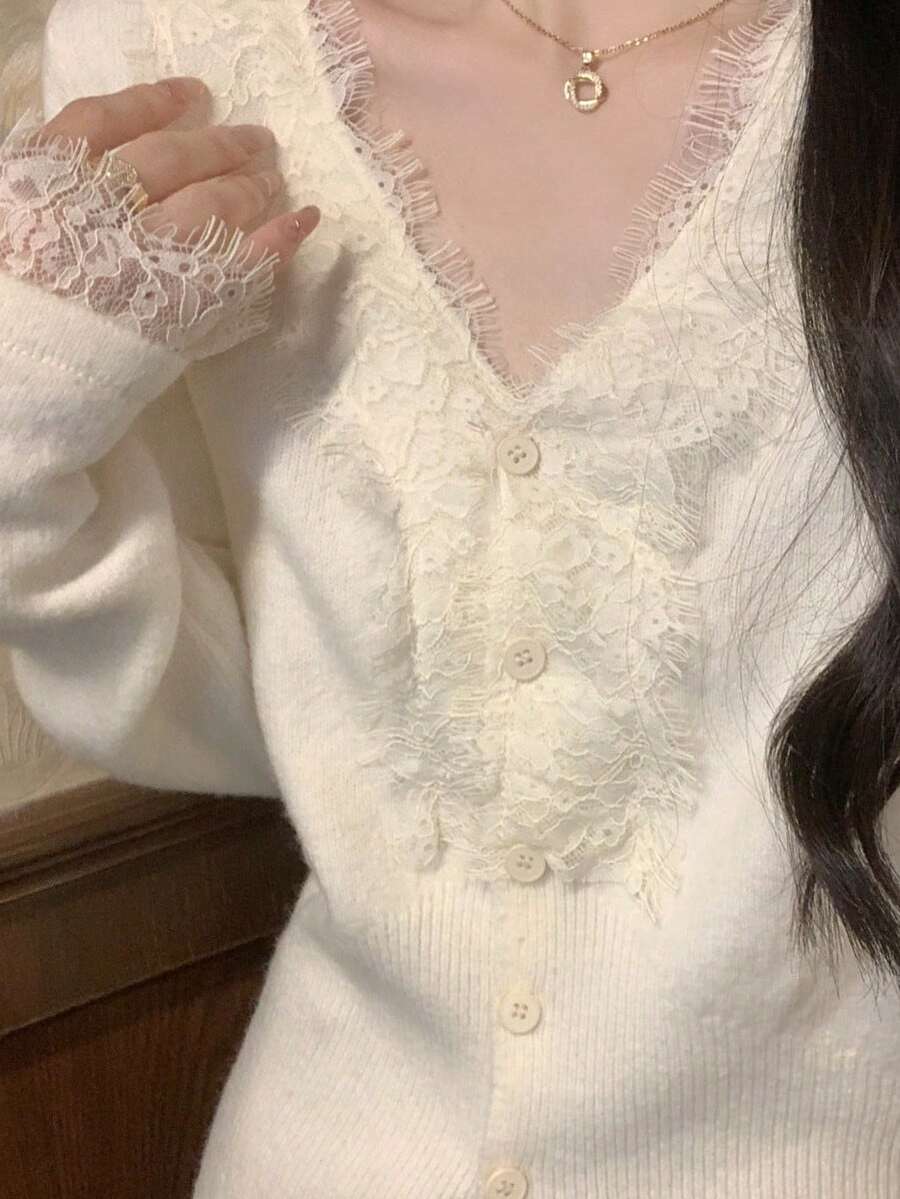 韓国スタイルの純粋な欲望優しいレース V ネック長袖ニットカーディガンカシミヤセーター女性のコート - アプリコット - チェックする 1