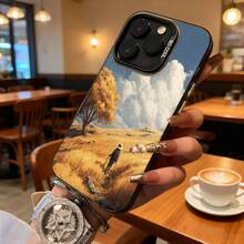 Cubierta de telefono con borde transparente color blanco con estampado paisaje otoñal pasto dorado arbol y persona caminando con sombrero ideal para uso diario en cafeterias y espacios exteriores - Plateado - Ver 3