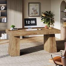 Tribesigns 55-Inch Executive Office Desk, Wooden Computer Desk With Double Pedestal, Modern Simple Writing Studying Table For Home Office - Light Brown - View 3