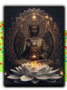 黑金佛白莲花钻石画套装，成人款，全钻钻石画套装，适合初学者，圆形5D DIY钻石点画，钻石画宝石艺术工艺品家居装饰 - 彩色 - 查看 2