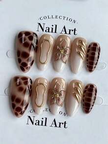 10pcs Brown Almond Shaped Nail Stickers, Playful Y2K Crocodile Print Autumn/Winter Nails, Handmade Gold Flower Short/Medium Fake Nails, Minimalist & Versatile, Suitable For Daily Wear, Parties And Holidays - Removable Press-On Nail Stickers, Nail Extension Stickers, Nail Art Supplies - 棕色 - 查看 3