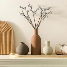 Ceramic Vase Set Of 3, Vases Home Decor Rustic Farmhouse Decorative Vase Pottery Vases For Bouquet Pampas Grass Dried Fresh Flowers, Table Living Room Kitchen Bedroom Bathroom - Brown - 棕色 - 較大 - 查看 6