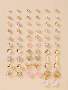 30pcs/Set Women's Fashion Earrings Set, Rhinestone, Metal, Faux Pearl, Cute Flower, Bow, Heart Shaped, Casual, Daily Wear, Simple Jewelry Gift - Multicolor - View 1