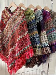 1件女士优雅斗篷，纯色针织镂空流苏披肩，高品质保暖外套，新款百搭斗篷毛衣，适合日常穿着 - 白色 - 查看 5