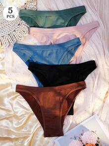 5pcs/Pack Plus Size Women's Sexy Panties, Basic Solid Color Comfortable Knitted Low Waist Soft Thong, Suitable For All Seasons And Daily Wear - Multicolor - View 1