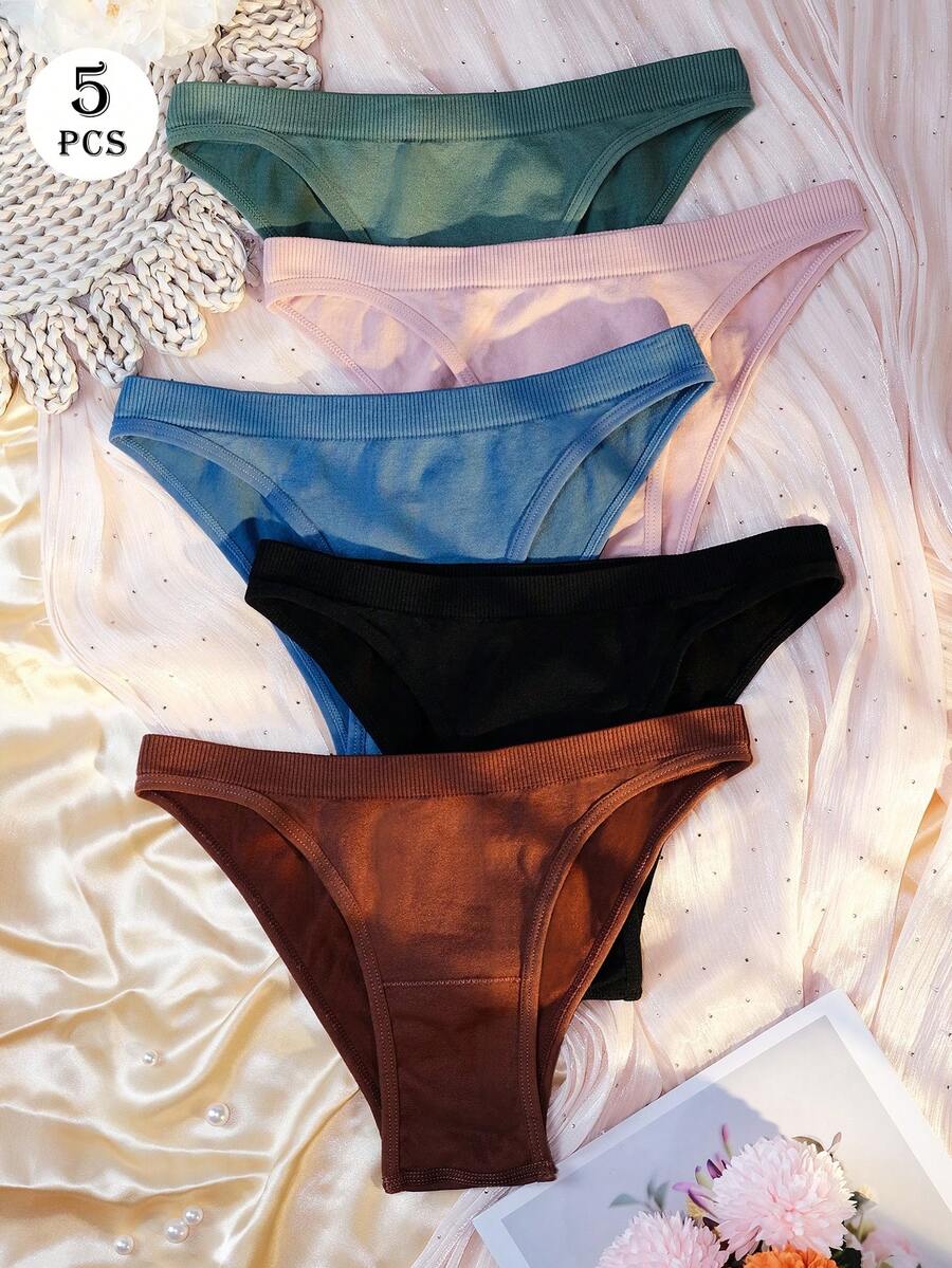 5pcs/Pack Plus Size Women's Sexy Panties, Basic Solid Color Comfortable Knitted Low Waist Soft Thong, Suitable For All Seasons And Daily Wear - Multicolor - View 1