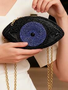 奢华水钻镶嵌晚宴手拿包，金属链条单肩斜挎包，时尚小众单品，适合宴会、派对、鸡尾酒会等场合 - 黑色 - 查看 3