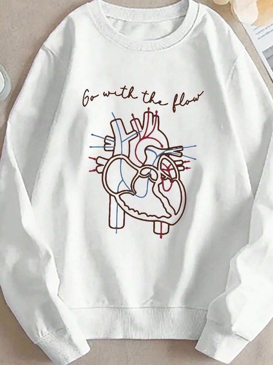 A Global Season Sweatshirt, White Base, Printed With Heart Anatomy And "Go With The Flow" Text, Medical Style, Suitable For Medical Enthusiasts And Personality Seekers, Polyester Fiber Material, Machine Washable - trắng - Xem 1
