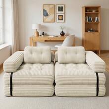 Asofer Divano letto pieghevole con testiera a L, mobile salvaspazio 2 in 1 realizzato in tessuto di velluto a coste e schiuma pressata, ideale per piccoli ambienti, dimensioni da 85 x 85 cm a 170 x 85 cm - Beige - Visualizzare 1