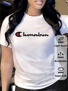 Camiseta de mujer de manga corta con cuello redondo, holgada, casual y versátil. Con estampado moderno, elegante y sofisticado de letras simples, ideal como prenda básica; confeccionada en tela suave con excelente caída. - Blanco-3 - Ver 3