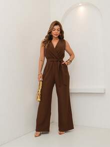 Marrant Women's Sleeveless Jumpsuit With Belt - Wrap Neckline, Elegant And Comfortable. Gloria W&Y Women's Fashion. - 棕色 - 查看 1