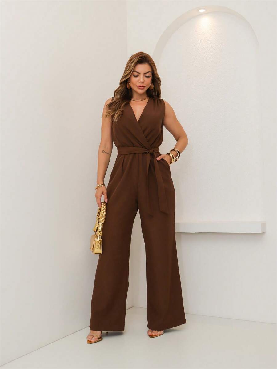 Marrant Women's Sleeveless Jumpsuit With Belt - Wrap Neckline, Elegant And Comfortable. Gloria W&Y Women's Fashion. - 棕色 - 查看 1