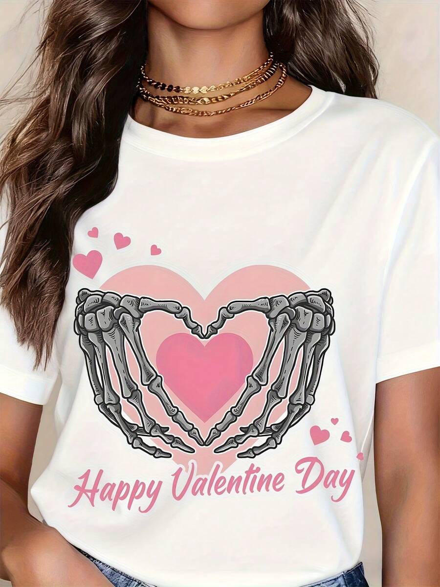 T-Shirt Skeleton Hands Holding Heart Happy Valentine Day Print Casual Wear For Women And Men - White - View 1