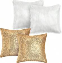 4 Pcs Sequin And Fluffy Pillow Covers Winter Throw Pillow Cases Soft Cushion Cover Couch Bed Sofa (18 X 18 Inch, Pink, White) - 白色,金色 - 查看 1
