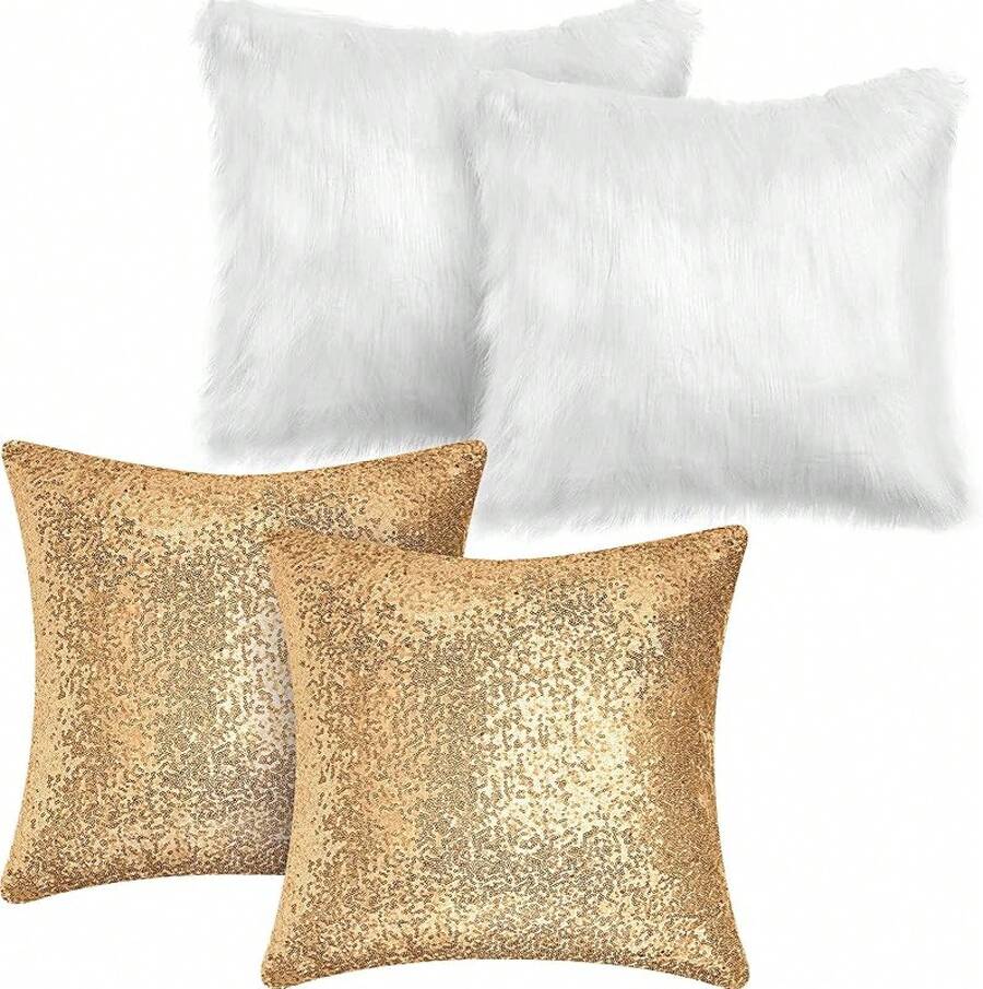 4 Pcs Sequin And Fluffy Pillow Covers Winter Throw Pillow Cases Soft Cushion Cover Couch Bed Sofa (18 X 18 Inch, Pink, White) - 白色,金色 - 查看 1