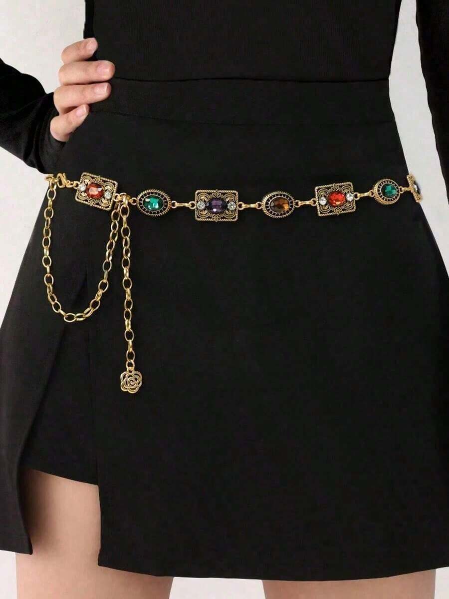 1pc Women's Belt, Bridal Waist Chain, Elegant Shiny Bohemian Colorful Gemstone Textured Waist Chain, Matching Dress, Gown, Wedding, Party, Festival Fall, Autumn, Halloween Gifts - Gold - 查看 1