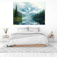 [2D Flat Canvas Wall Art] Funny Canvas Wall Art, 1Pc Framed Ready To Hang 2D Flat Blue Mountain Landscape Canvas Wall Art, Realistic Nature Decorative Painting, Posters For Living Room Bedroom Office, Tranquil Home Decor Aesthetic, Perfect For Nature Enthusiasts & Calming Interiors, Adds A  Touch To Any Space  Canvas Wrapped Inner Frame - 霧霾藍 - 查看 3