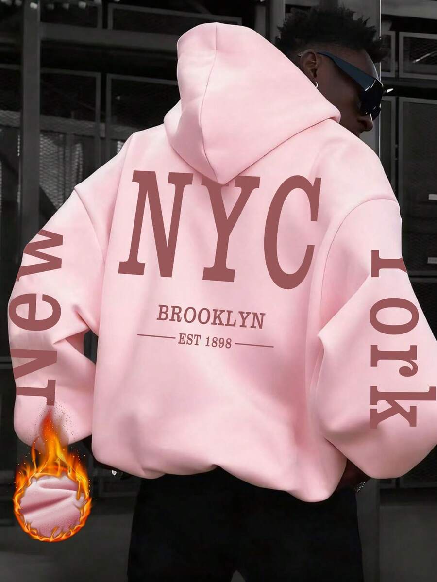 Men's Autumn/Winter Casual Hoodie With New York City Element Print, Thermal Lining, Long Sleeve Top - Pink - View 1