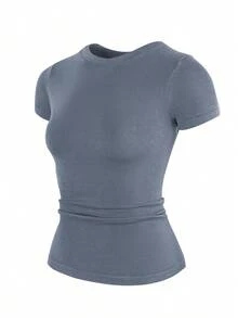 Women's Plain-Colored, Quick-Drying, Comfortable Short-Sleeved Basic Shirt, Round-Neck, Slim-Fitting, Tight-Fitting Sports Top, Lightweight Sports Bra Suitable For The Gym, Comfortable For Daily Wear, Women's Comfortable T-Shirt For All Seasons - 灰色 - 查看 10