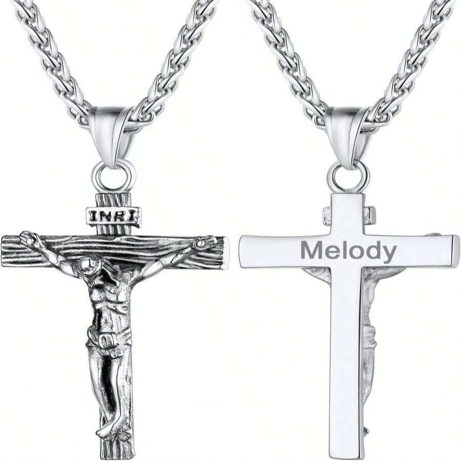 U7 Men Crucifix Cross Pendant With Chain Baptism Christian Jewelry Stainless Steel_18K Gold Antique Jesus Necklace, Gift Packed,Length 22" - ColorH - 查看 1