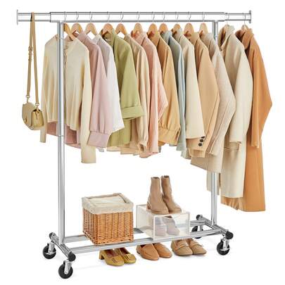 SONGMICS Clothes Rack With Wheels, Heavy-Duty Clothing Rack For Hanging Clothes, Portable, 17.7 X (36.2-52) X 63.6 Inches, With Extendable Rail, 220 Lb Load Capacity, Silver