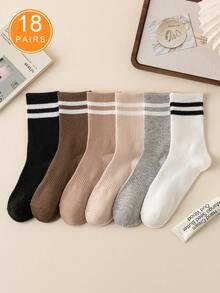 6 Pairs Women's Striped Business & Casual Socks With Elastic Band, Soft, Comfortable, Fashionable & Elegant Mid-Calf Socks For Daily Wear
